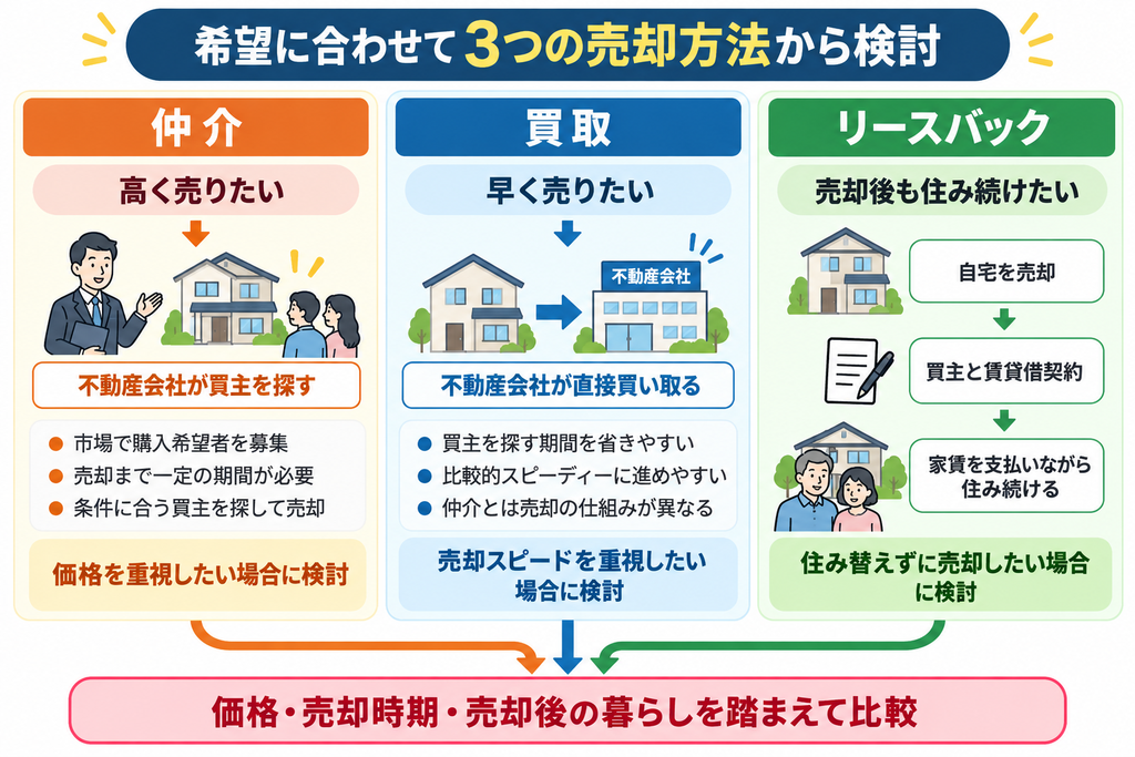 ハウスドゥ松本駅前で選べる仲介・買取・リースバックの3つの売却方法について、仕組みや特徴、向いているケースを比較した図解。